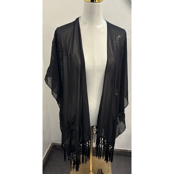 Womens Black Sheer Kimono Style Embroidered Cardigan Witchy Whimsigoth Fringe XL - Picture 1 of 7